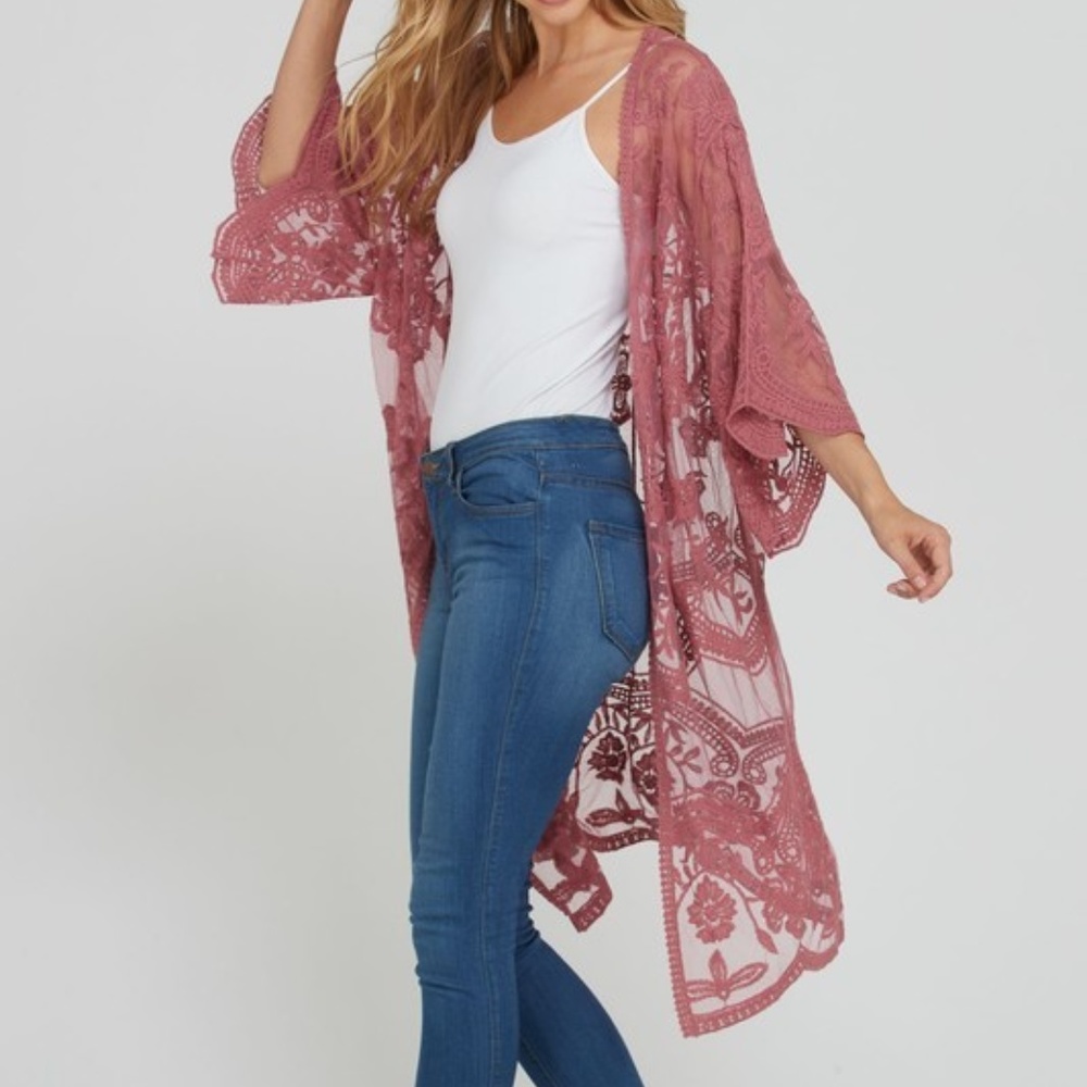 Long Lace Cardigan Duster in Mauve - Picture 3 of 5